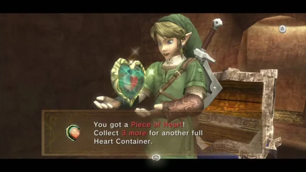 Link holding up the Piece of Heart beside the chest in the cliff Link holding up the Piece of Heart beside the chest in the cliff