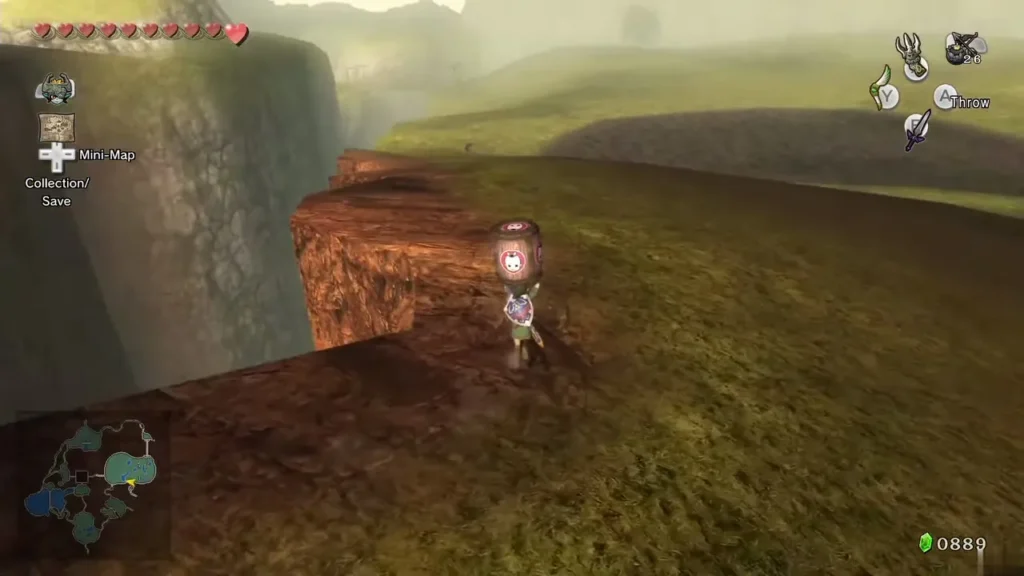 Link carrying a Hot Spring Water barrel along the cliff road in Hyrule Field Link carrying a Hot Spring Water barrel along the cliff road in Hyrule Field