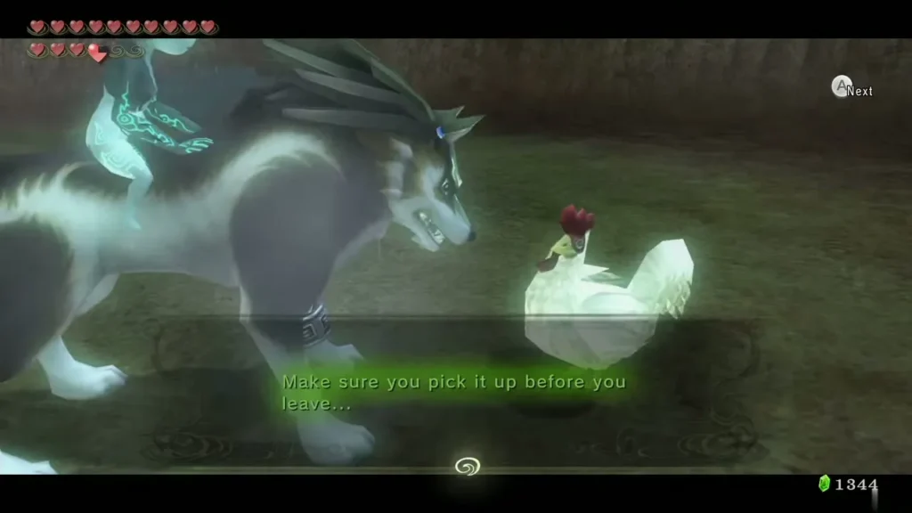 Wolf Link beside the Cucco in the field with its dialogue box Wolf Link beside the Cucco in the field with its dialogue box