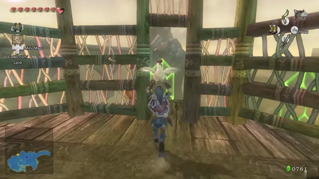 Link holding the Cucco above his head on Falbi's tower before the jump Link holding the Cucco above his head on Falbi's tower before the jump