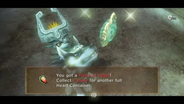 Wolf Link and Midna holding up the Piece of Heart with its message box Wolf Link and Midna holding up the Piece of Heart with its message box