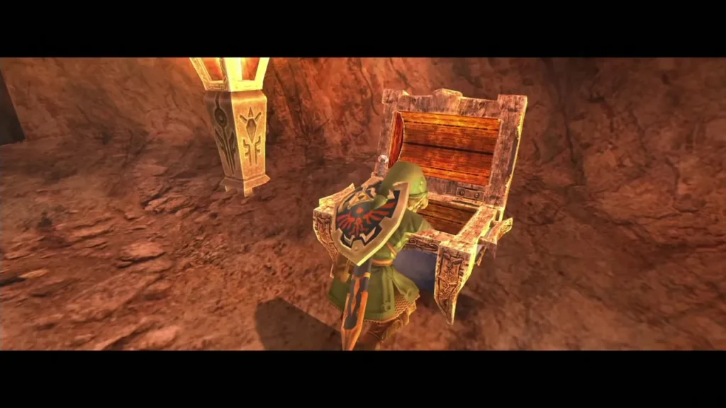 Link opening the chest on the lava-lit floor of the cave Link opening the chest on the lava-lit floor of the cave
