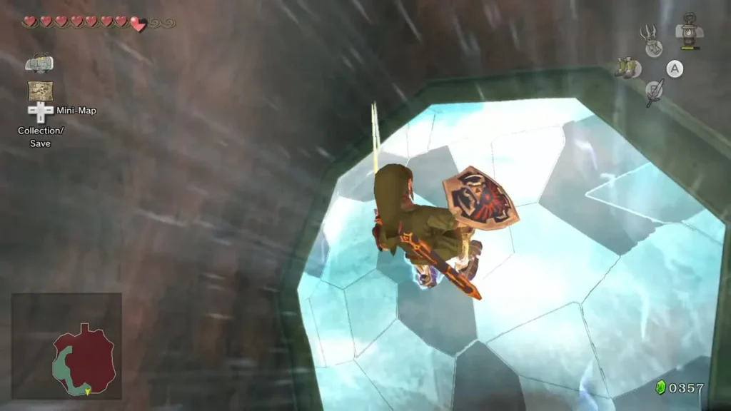 Link in the Iron Boots pulled onto the magnetic wall of the Goron-style cave Link in the Iron Boots pulled onto the magnetic wall of the Goron-style cave