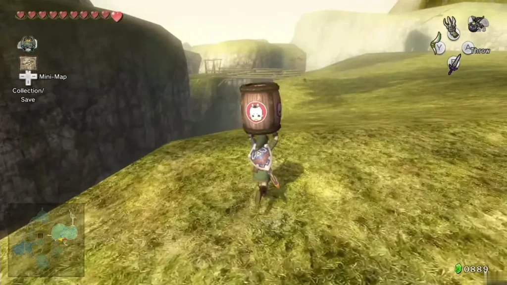 Link walking across the grassy field with the barrel on his back Link walking across the grassy field with the barrel on his back