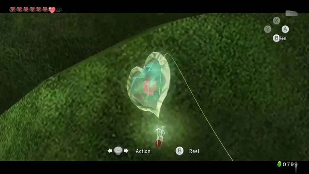 The Fishing Rod line hooked onto the Piece of Heart, with Reel prompt on screen The Fishing Rod line hooked onto the Piece of Heart, with Reel prompt on screen
