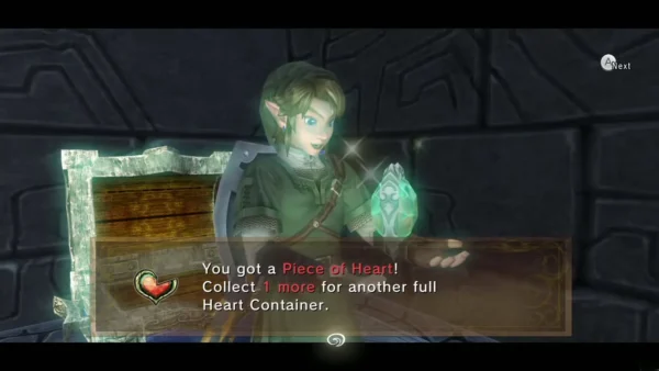 Link holding up the Piece of Heart in the alcove with its message box Link holding up the Piece of Heart in the alcove with its message box