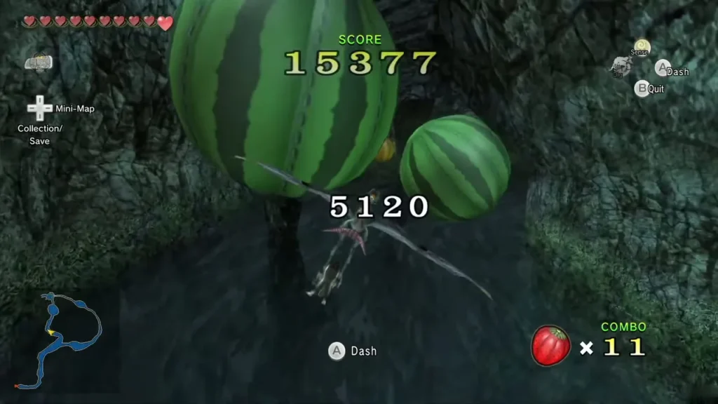 A bonus of 5120 points popping up as the combo meter climbs in the fruit game A bonus of 5120 points popping up as the combo meter climbs in the fruit game