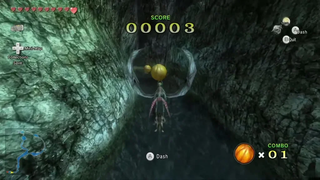 Wolf Link flying through a green cave in Plumm's fruit-popping game with the score counter at the top Wolf Link flying through a green cave in Plumm's fruit-popping game with the score counter at the top