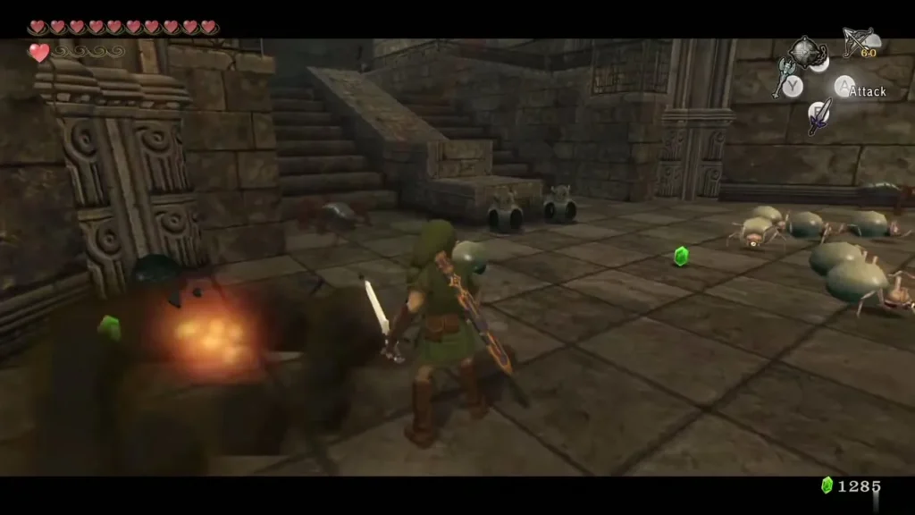 Link fighting a swarm of Baby Gohma on the tiled floor of the Temple of Time statue room Link fighting a swarm of Baby Gohma on the tiled floor of the Temple of Time statue room