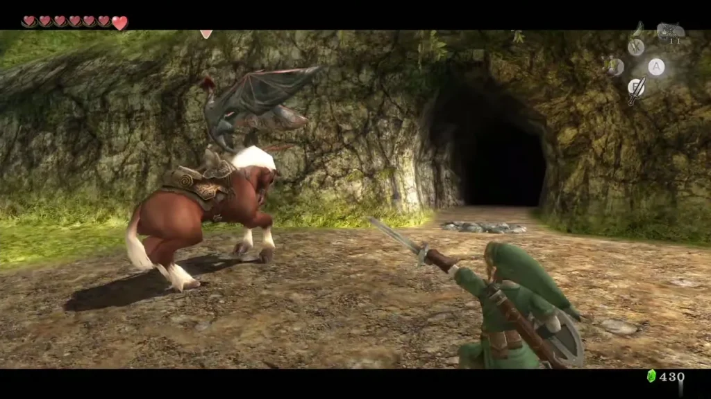 Link and Epona in front of the dark cave mouth in Kakariko Gorge Link and Epona in front of the dark cave mouth in Kakariko Gorge