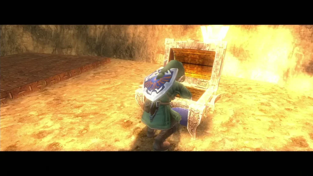 Link beside the open chest in the north-east corner of the Goron Mines room Link beside the open chest in the north-east corner of the Goron Mines room