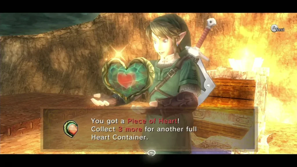 Link holding up the Piece of Heart beside the chest with its message box Link holding up the Piece of Heart beside the chest with its message box