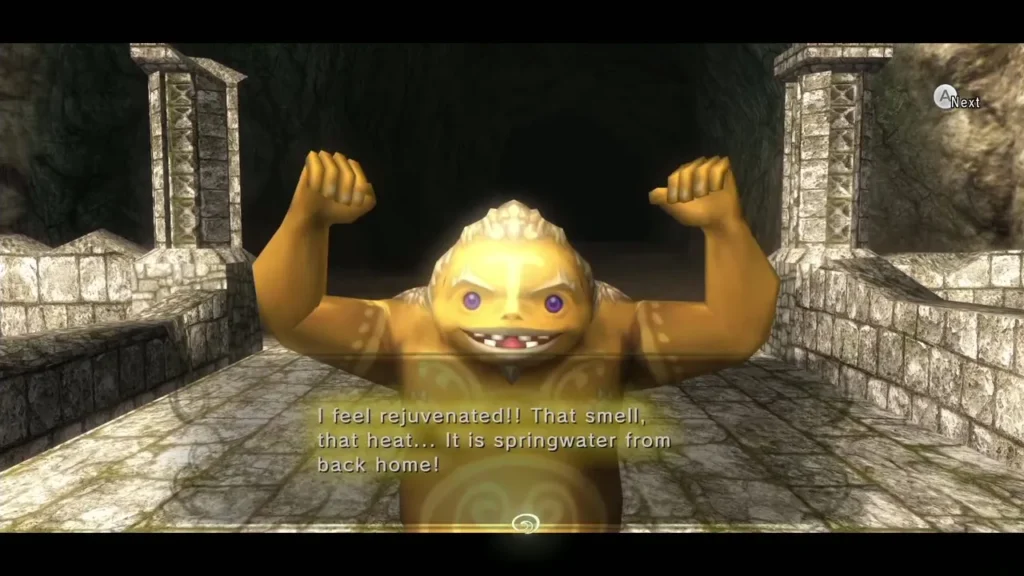 The grateful Goron cheering with his fists raised after the springwater The grateful Goron cheering with his fists raised after the springwater