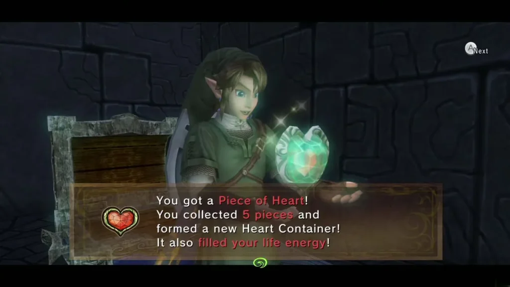 Link holding the final Piece of Heart, with the message that forms a Heart Container Link holding the final Piece of Heart, with the message that forms a Heart Container