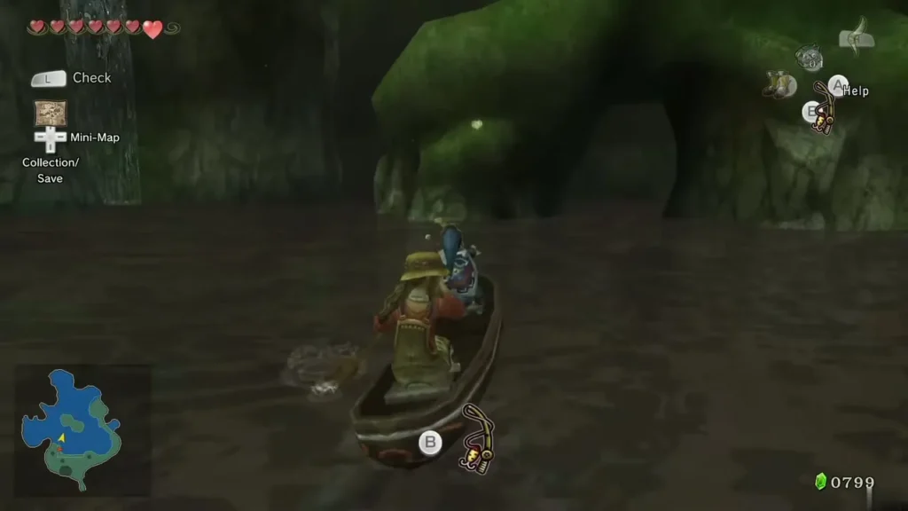 Hena paddling the canoe across the Fishing Hole toward the large rock with Link aboard Hena paddling the canoe across the Fishing Hole toward the large rock with Link aboard