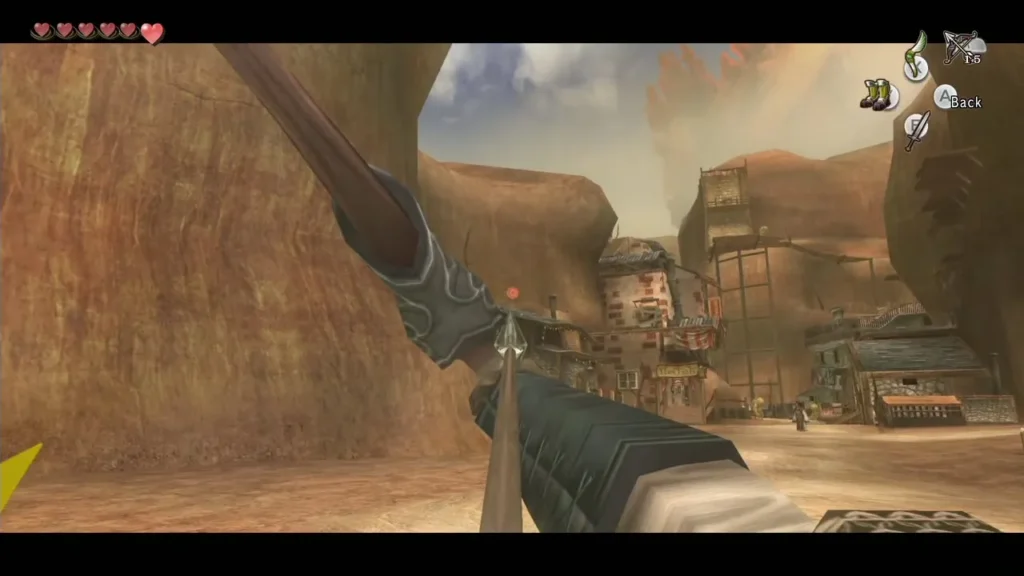 Link draws the Hero's Bow aimed at a pole above the Lanayru town Link draws the Hero's Bow aimed at a pole above the Lanayru town