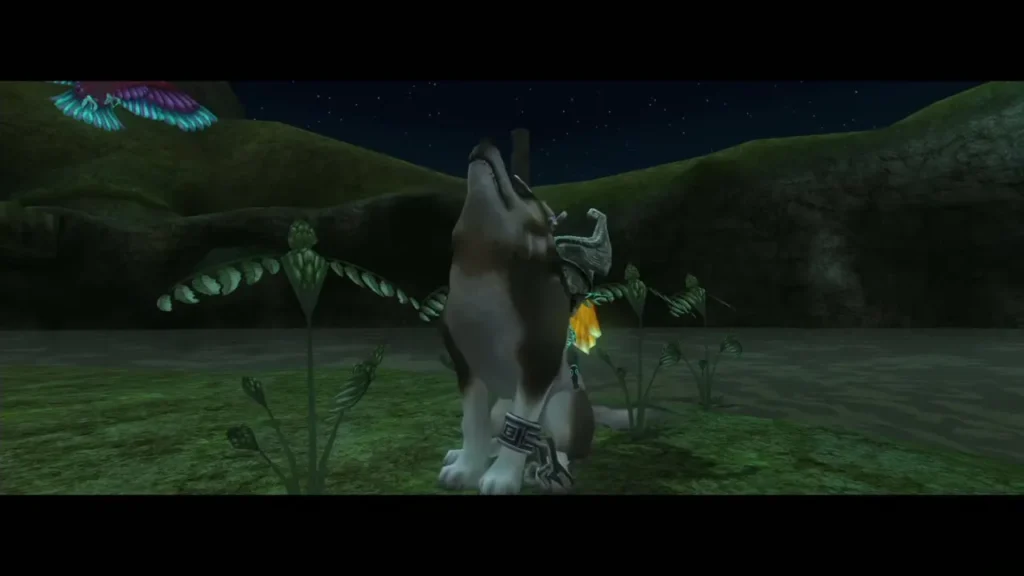 Wolf Link howling beside the Hawk Grass to summon the Twilit Kargarok Wolf Link howling beside the Hawk Grass to summon the Twilit Kargarok