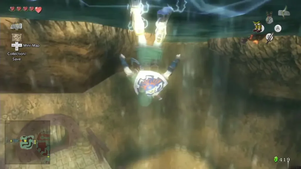 Link in Iron Boots flung up and upside down beneath the magnetic ceiling Link in Iron Boots flung up and upside down beneath the magnetic ceiling