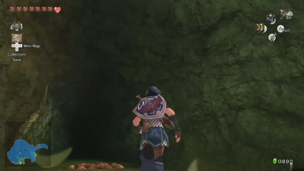 Link in Zora armor heading into the cave mouth in the rocks beside Lake Hylia Link in Zora armor heading into the cave mouth in the rocks beside Lake Hylia