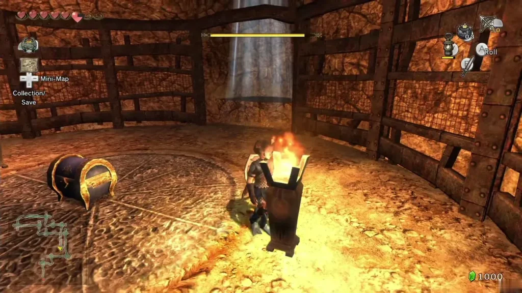 Link in the final torch-lit round room with the chest ready to open Link in the final torch-lit round room with the chest ready to open