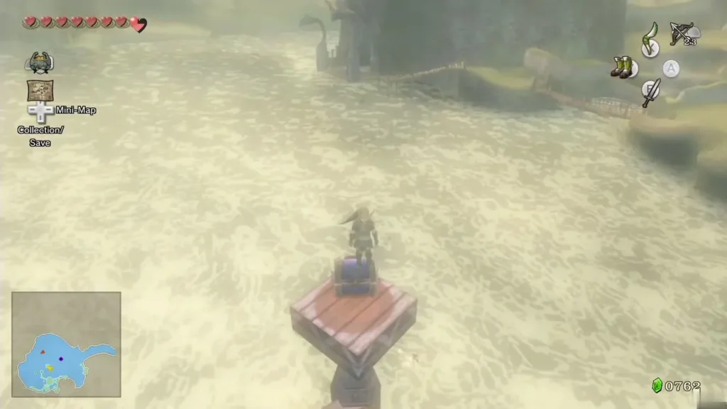 Link gliding down onto the wooden tier of the platform in the middle of Lake Hylia Link gliding down onto the wooden tier of the platform in the middle of Lake Hylia