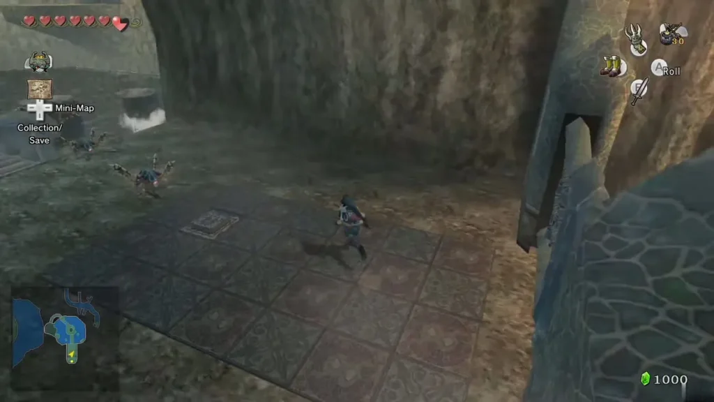 Link crossing the dim stone room past the gate toward the chest area Link crossing the dim stone room past the gate toward the chest area