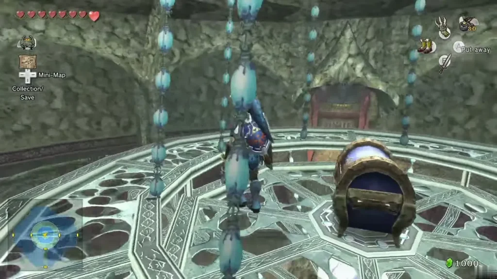 Link standing on the chandelier beside the chest in the round chamber Link standing on the chandelier beside the chest in the round chamber
