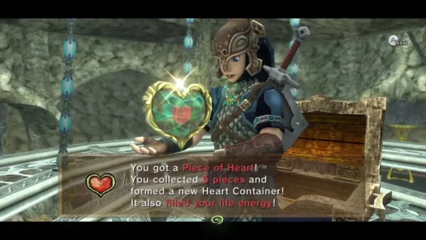 Link holding up the Piece of Heart on the chandelier with its message box Link holding up the Piece of Heart on the chandelier with its message box