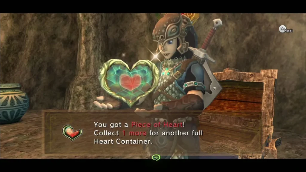 Link holding up the Piece of Heart beside the chest with its message box Link holding up the Piece of Heart beside the chest with its message box