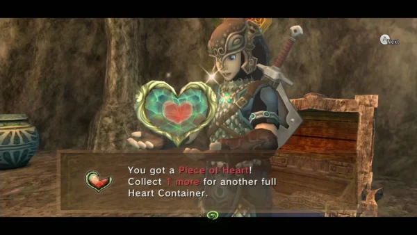 Link holding up the Piece of Heart beside the chest with its message box Link holding up the Piece of Heart beside the chest with its message box
