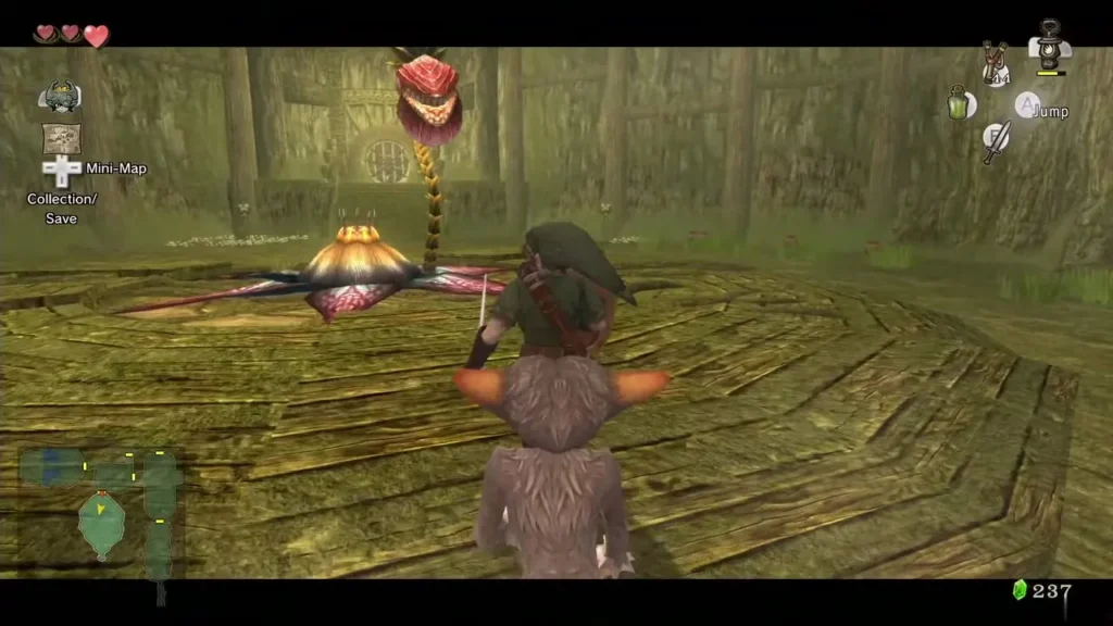 Link carrying a Bombling on the Forest Temple arena floor Link carrying a Bombling on the Forest Temple arena floor