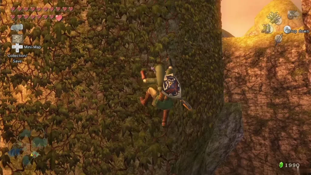 Link climbs an ivy-covered pillar in Kakariko Gorge with the Clawshot Link climbs an ivy-covered pillar in Kakariko Gorge with the Clawshot