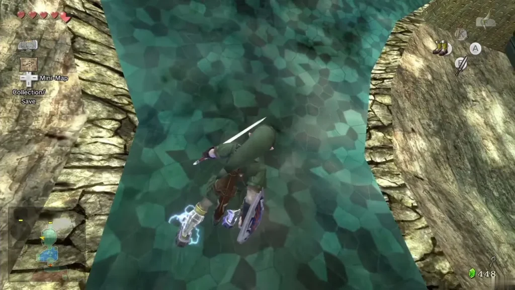 Link in Iron Boots clinging to the magnetic wall in the teal pool Link in Iron Boots clinging to the magnetic wall in the teal pool