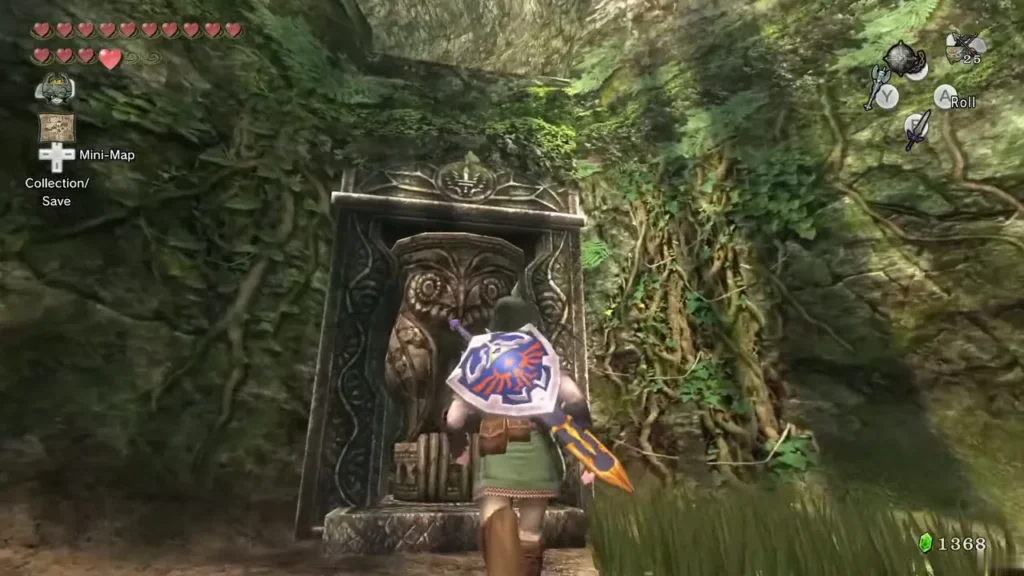 Link beside the carved owl statue in the forest hollow Link beside the carved owl statue in the forest hollow
