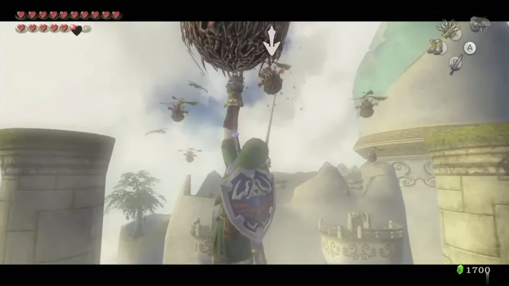 Link swinging from a Peahat over the outdoor ledges in the City in the Sky Link swinging from a Peahat over the outdoor ledges in the City in the Sky