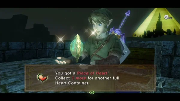 Link holds up the Piece of Heart with its message box at night Link holds up the Piece of Heart with its message box at night