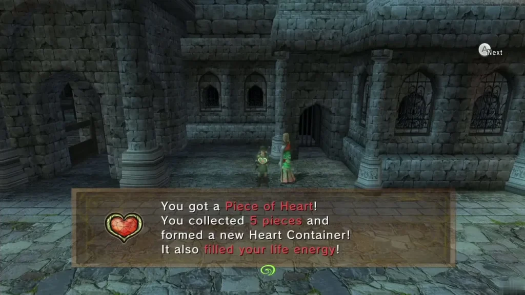 The Piece of Heart message after Link's donations, completing a new Heart Container The Piece of Heart message after Link's donations, completing a new Heart Container