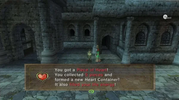 The Piece of Heart message after Link's donations, completing a new Heart Container The Piece of Heart message after Link's donations, completing a new Heart Container
