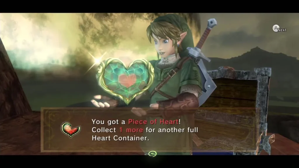 Link holding up the Piece of Heart from the cliff chest, the item box fully shown Link holding up the Piece of Heart from the cliff chest, the item box fully shown