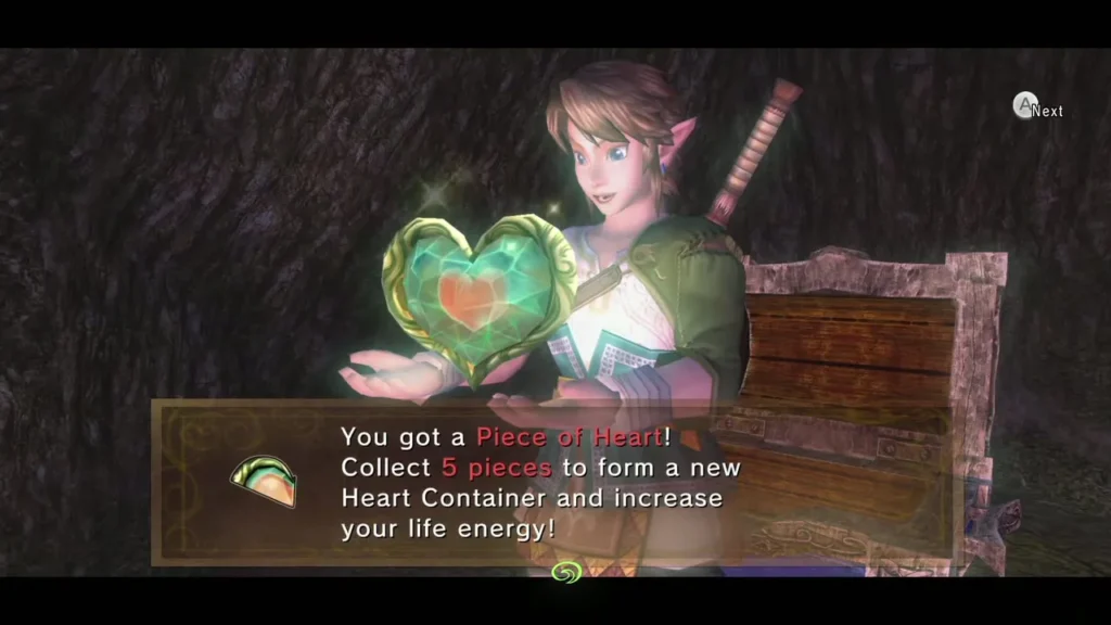 Link holds up the Piece of Heart with its full message box Link holds up the Piece of Heart with its full message box