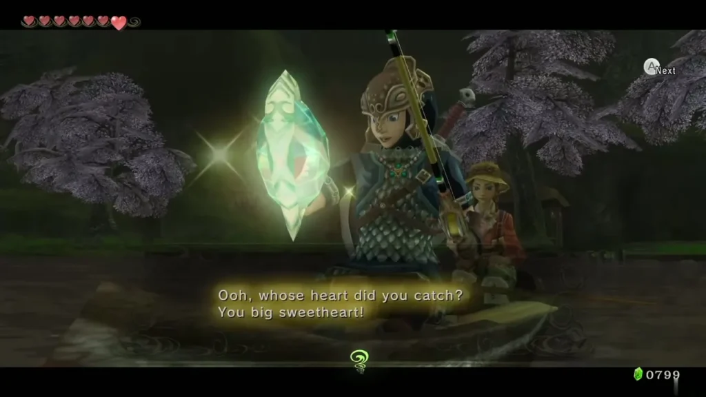 Link holding up the Piece of Heart he reeled in beside Hena in the canoe Link holding up the Piece of Heart he reeled in beside Hena in the canoe