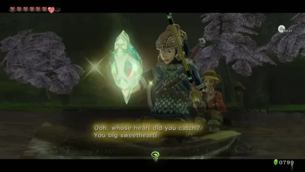 Link holding up the Piece of Heart he reeled in beside Hena in the canoe Link holding up the Piece of Heart he reeled in beside Hena in the canoe
