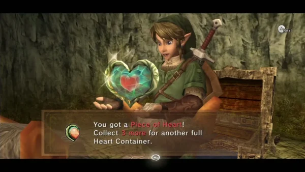 Link holds up the Piece of Heart with its full message box Link holds up the Piece of Heart with its full message box