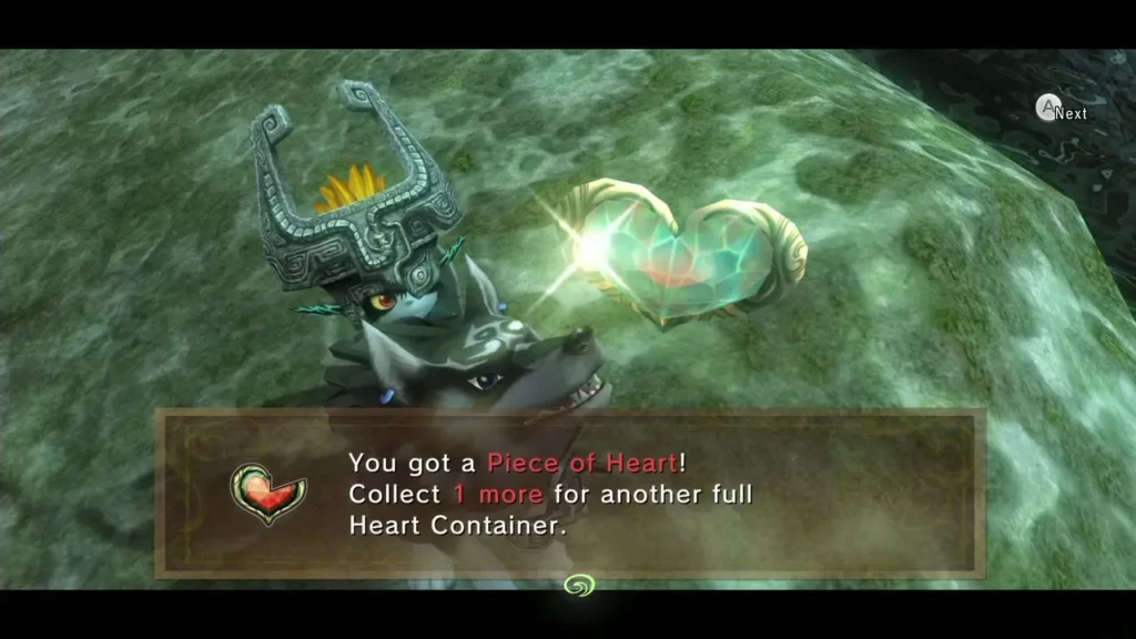 Wolf Link receiving the Piece of Heart for beating the fruit game, the item box fully shown Wolf Link receiving the Piece of Heart for beating the fruit game, the item box fully shown