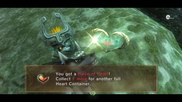 Wolf Link receiving the Piece of Heart for beating the fruit game, the item box fully shown Wolf Link receiving the Piece of Heart for beating the fruit game, the item box fully shown