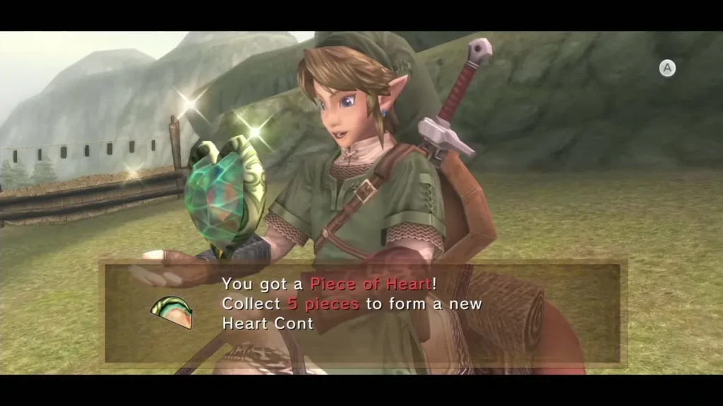 Link holds up the Piece of Heart after the goat herding Link holds up the Piece of Heart after the goat herding