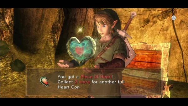 Link holding up the Piece of Heart from the gorge cave chest, the item box fully shown Link holding up the Piece of Heart from the gorge cave chest, the item box fully shown