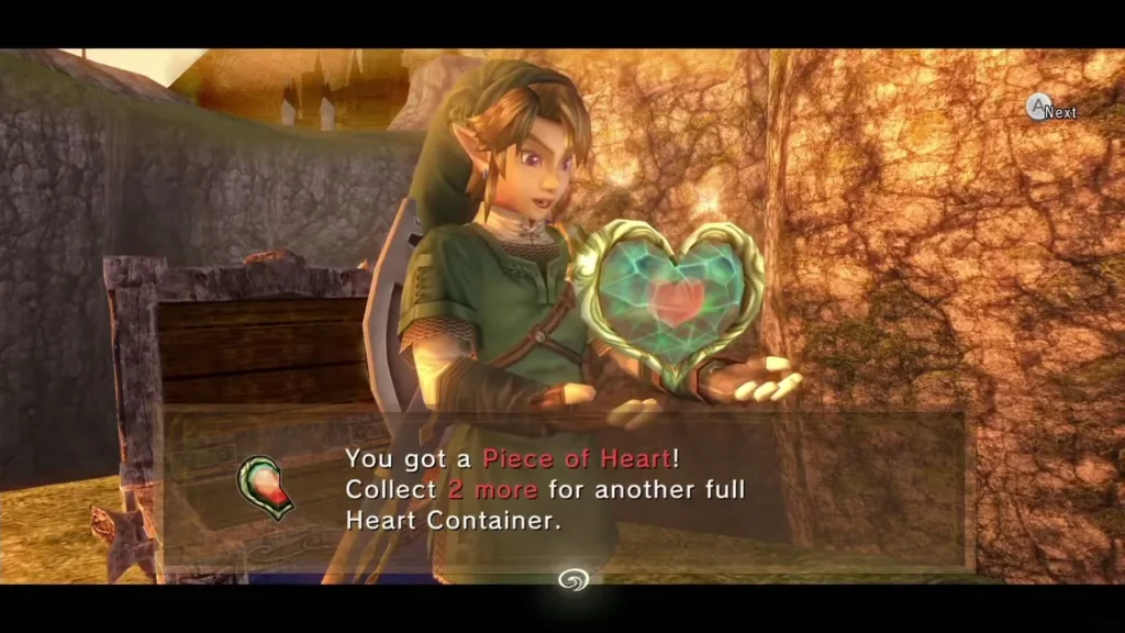 Link holds up the Piece of Heart with its message box in the gorge Link holds up the Piece of Heart with its message box in the gorge