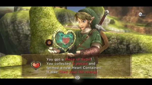 Link holds up the Piece of Heart with its message box in Hyrule Field Link holds up the Piece of Heart with its message box in Hyrule Field