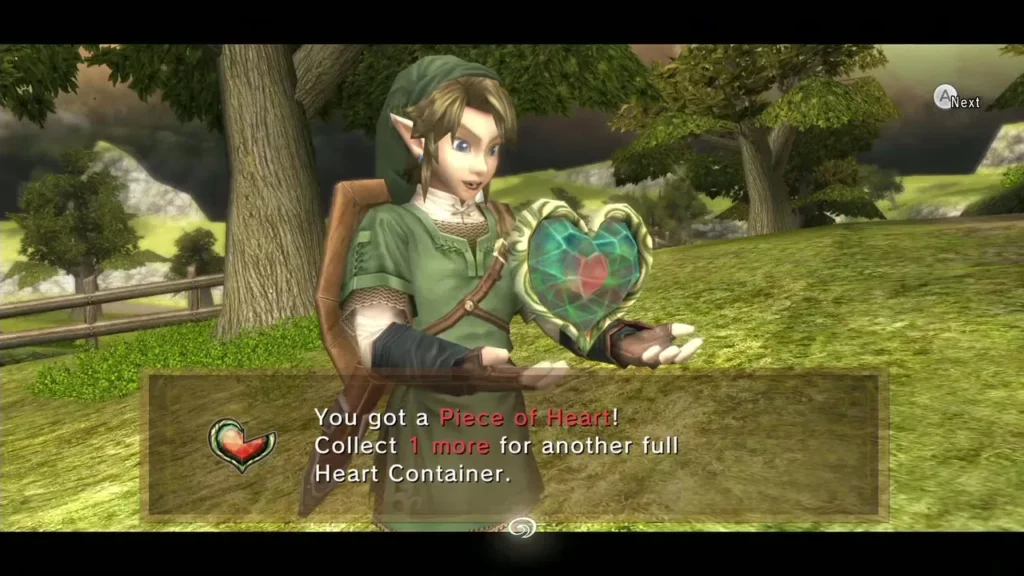 Link holds up the Piece of Heart after the tree is pulled down Link holds up the Piece of Heart after the tree is pulled down
